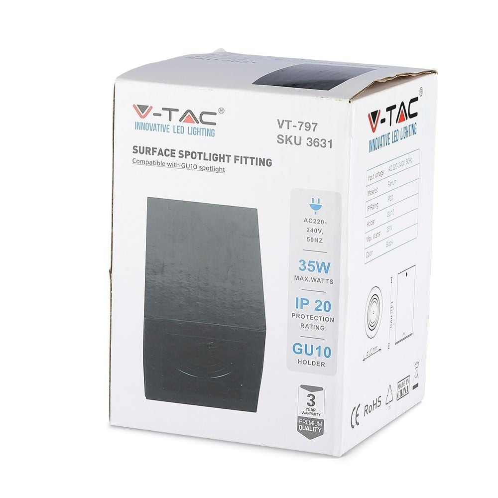 V-Tac Loftslampe - Sort firkantet IP20 med GU10 fatning (uden lyskilde, 230V)