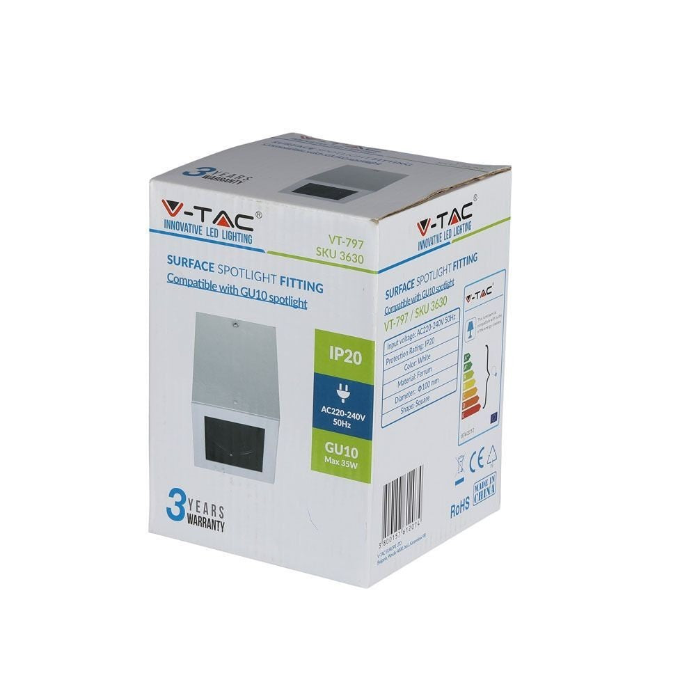 V-Tac loftslampe - Firkantet, hvid, IP20, GU10 fatning, uden lyskilde (230V)
