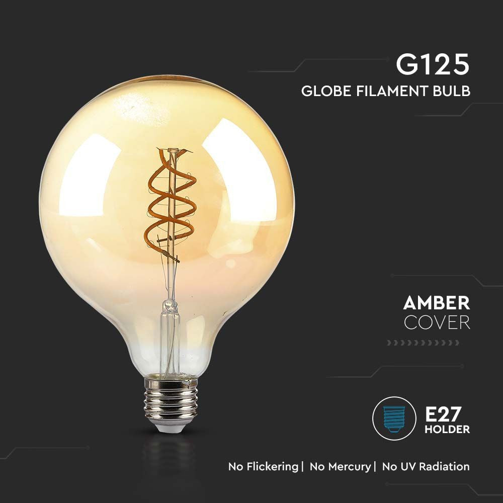 G125 LED pære - 6W, dobbelt spiral, kultråd, amber glas, 1800K, E27, 400lm, RA80