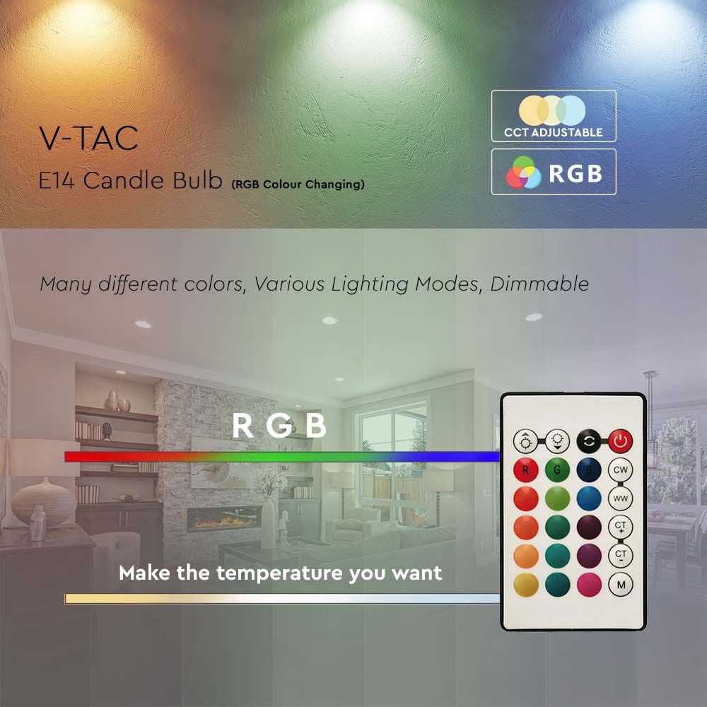 Smart Kertepære med RF Kontrol - RGB+4000K, Dæmpbar, 4.8W, E14, 470lm, RA80