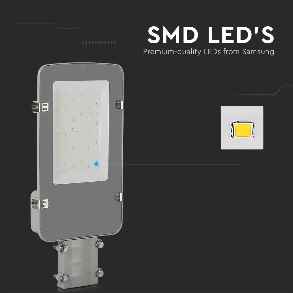 30W LED vejlygte med Samsung chip, 4000K, grå hus, 3000lm, RA80, IP65, 5 års garanti