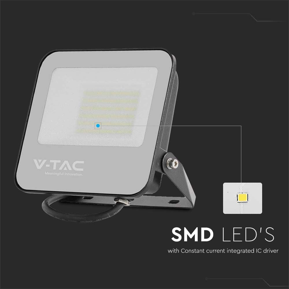 50W LED projektør med sort hus og gråt glas, 4000K, 9250lm, RA70, IP65, 5 års garanti - V-Tac Pro