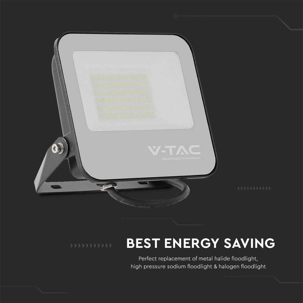 50W LED projektør med sort hus og gråt glas, 4000K, 9250lm, RA70, IP65, 5 års garanti - V-Tac Pro