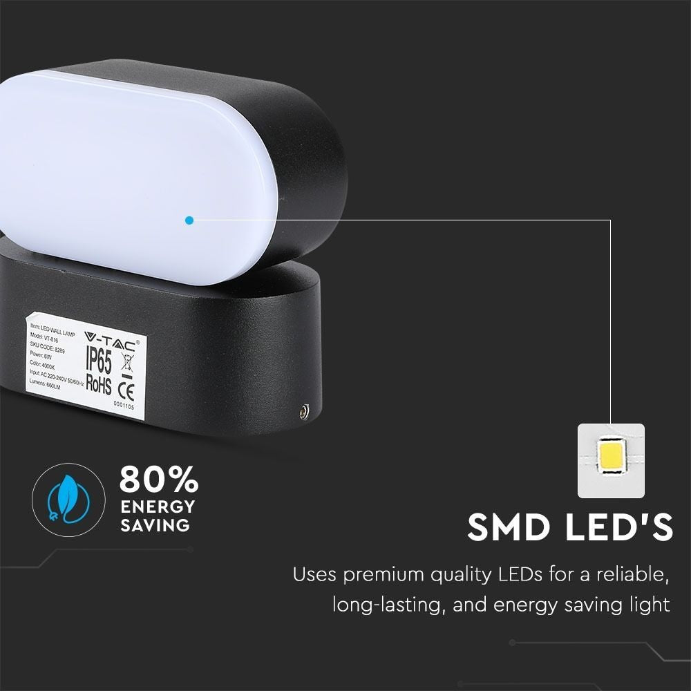V-Tac 6W LED udendørs væglampe - Oval, roterbar 350 grader, IP65, inkl. lyskilde