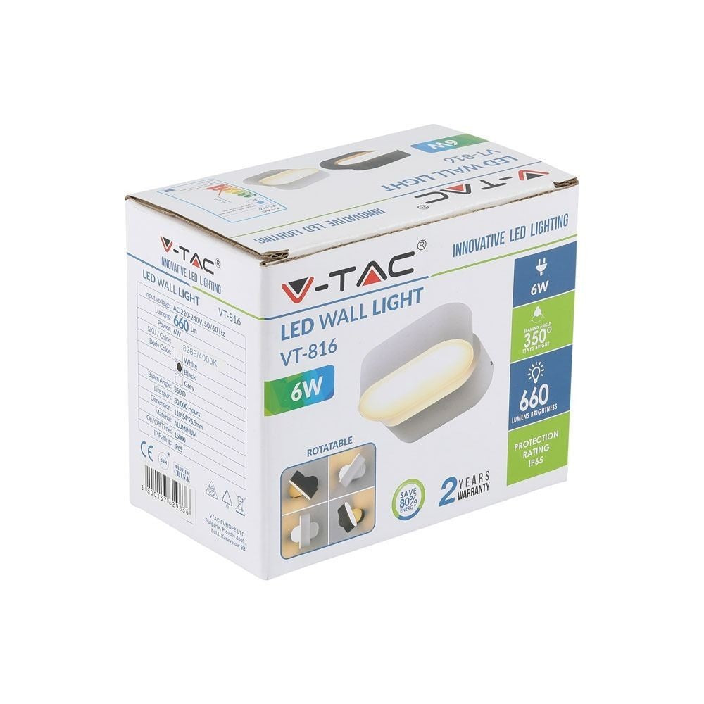V-Tac 6W LED udendørs væglampe - Oval, roterbar 350 grader, IP65, inkl. lyskilde