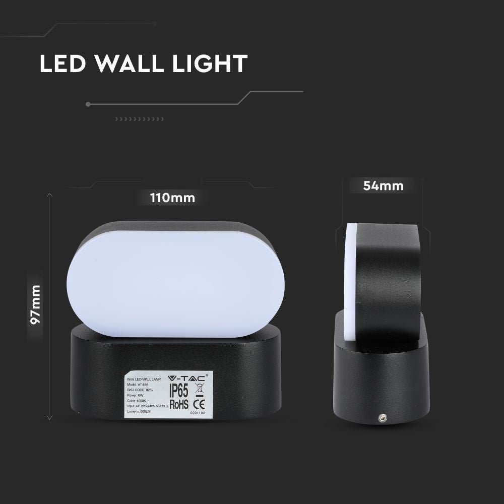 V-Tac 6W LED udendørs væglampe - Oval, roterbar 350 grader, IP65, inkl. lyskilde