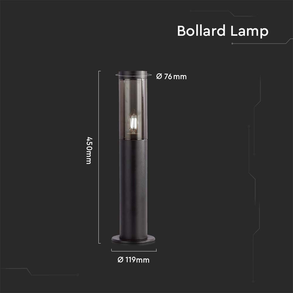 Pullertlampe E27 i røgfarvet plast med sort hus, IP44 beskyttelse - 76x119x450mm