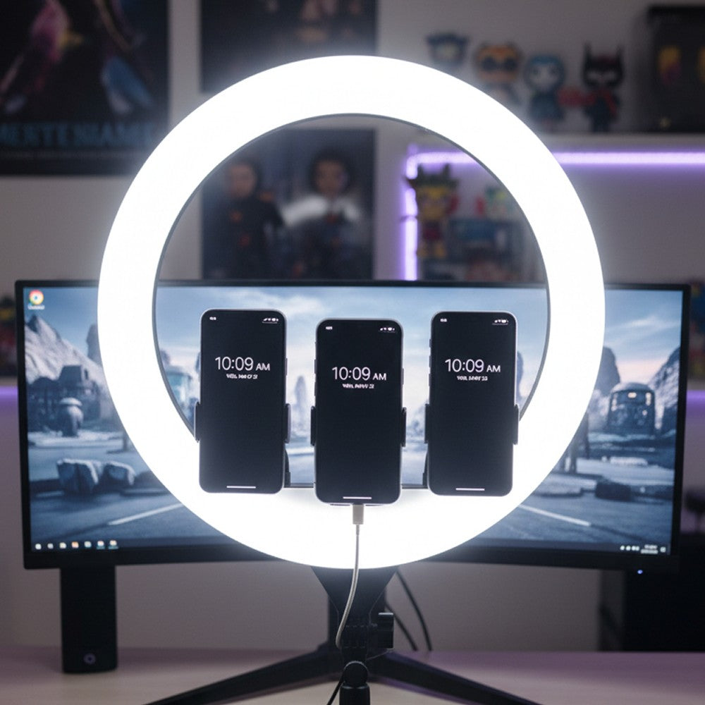 55W LED Ringlys - 18' m. 3 Telefonholdere og Fjernbetjening, 3200K-5800K, 6000lm, RA90