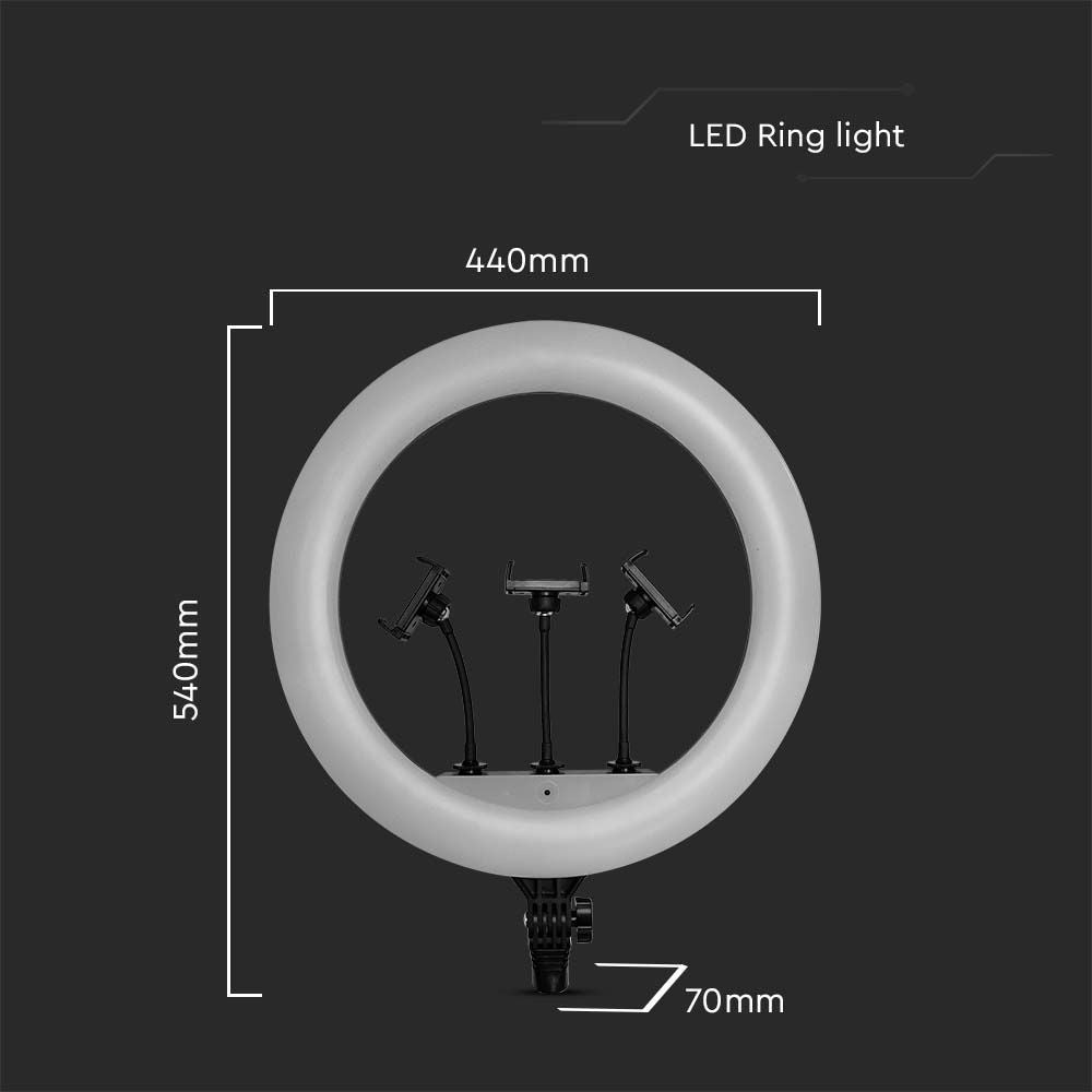 55W LED Ringlys - 18' m. 3 Telefonholdere og Fjernbetjening, 3200K-5800K, 6000lm, RA90