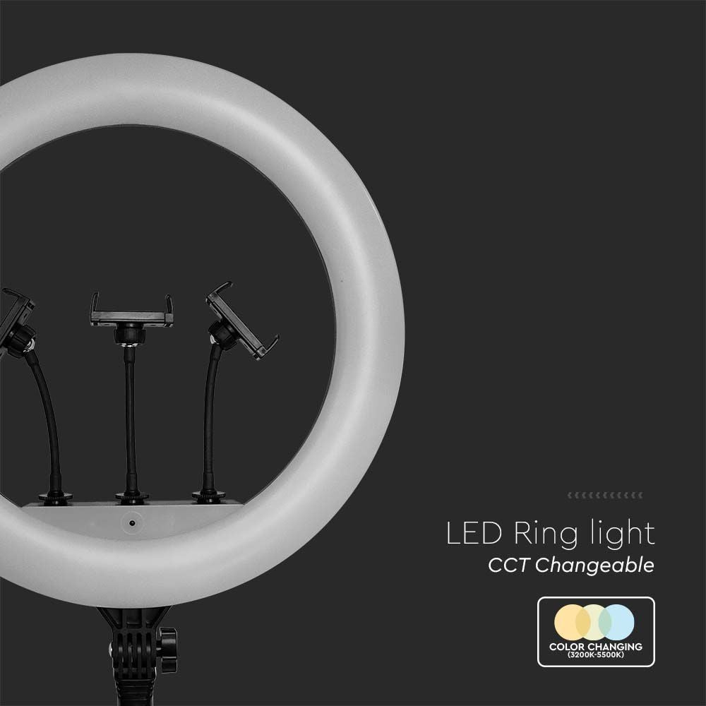 55W LED Ringlys - 18' m. 3 Telefonholdere og Fjernbetjening, 3200K-5800K, 6000lm, RA90