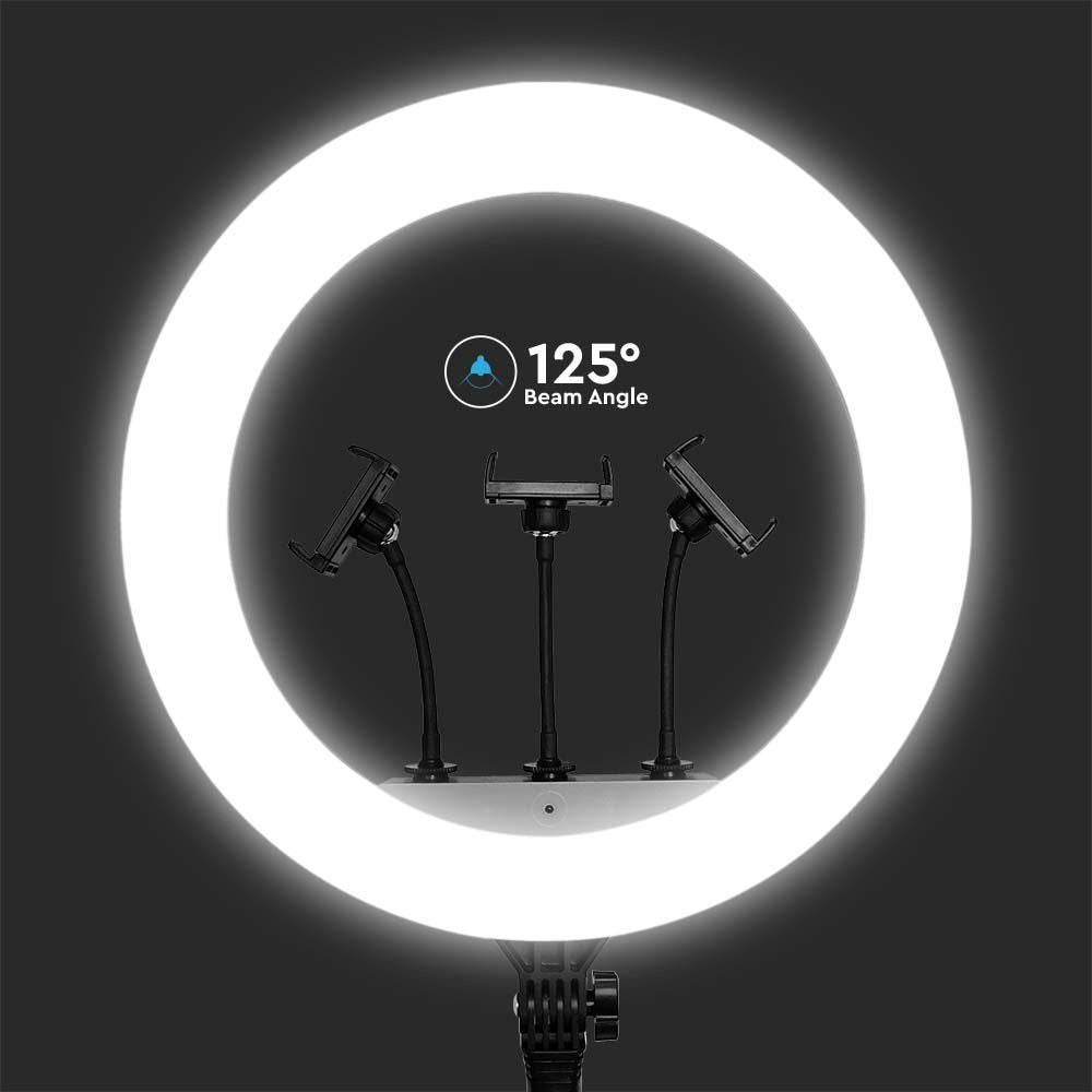 55W LED Ringlys - 18' m. 3 Telefonholdere og Fjernbetjening, 3200K-5800K, 6000lm, RA90