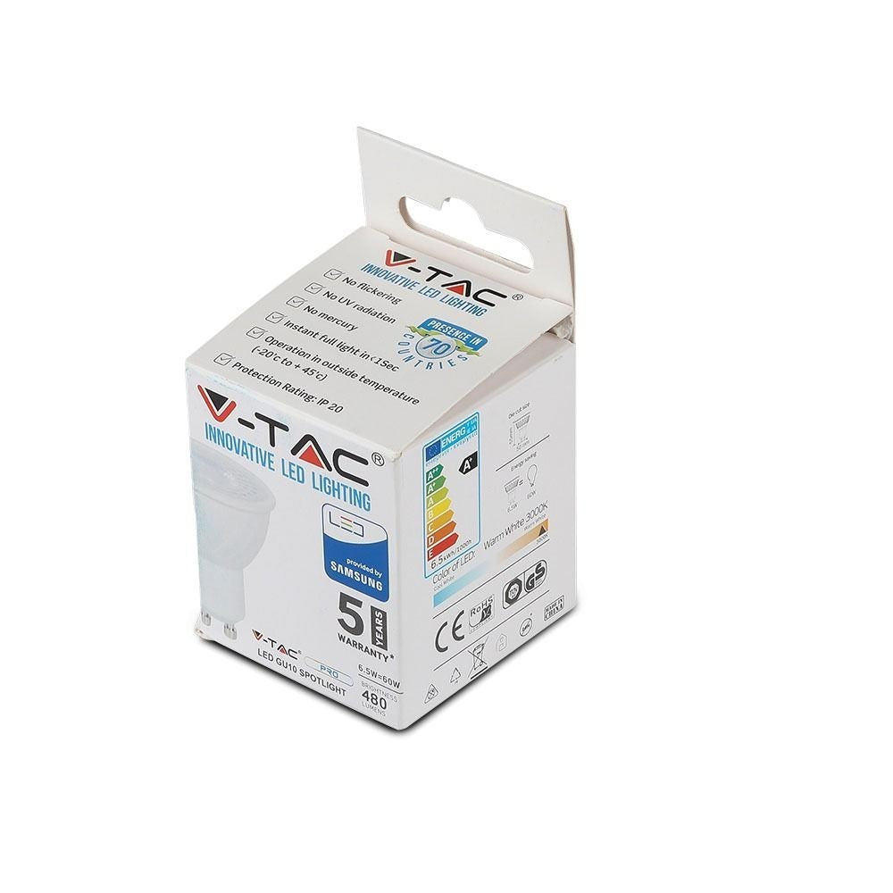 V-Tac 6W LED spot - Samsung LED chip, 230V, GU10 - Erstatter 55W, 445lm, RA80