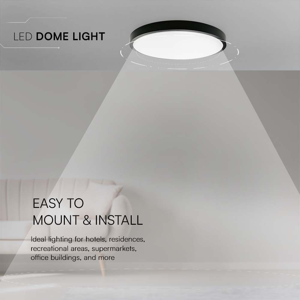 24W LED Kuppel Lys - 3000K, Rundt, Sort Ramme, IP44, 2500lm, RA80