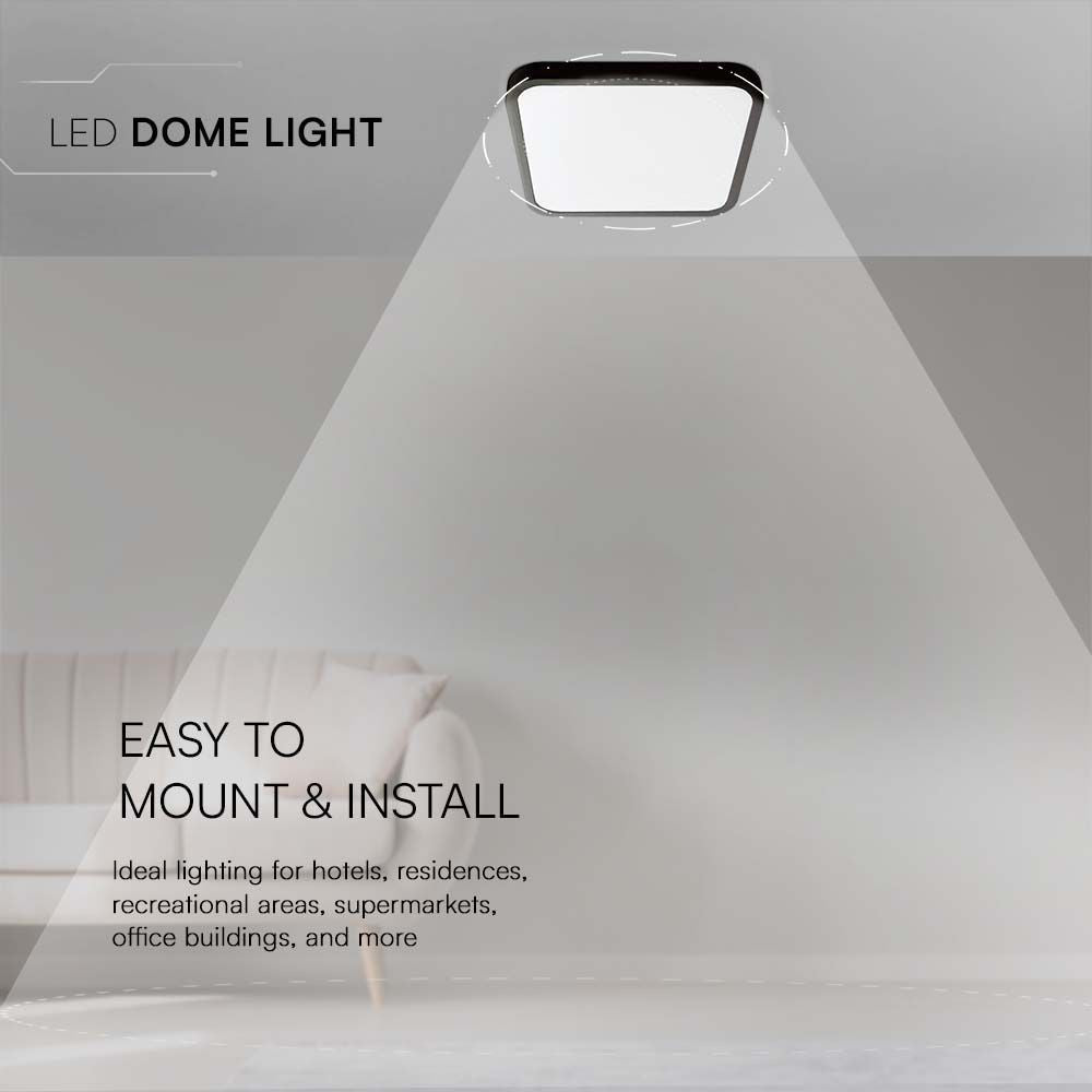 48W LED Kuppellampe - 3000K, kvadratisk, sort ramme, IP44, RA80 - 5160lm