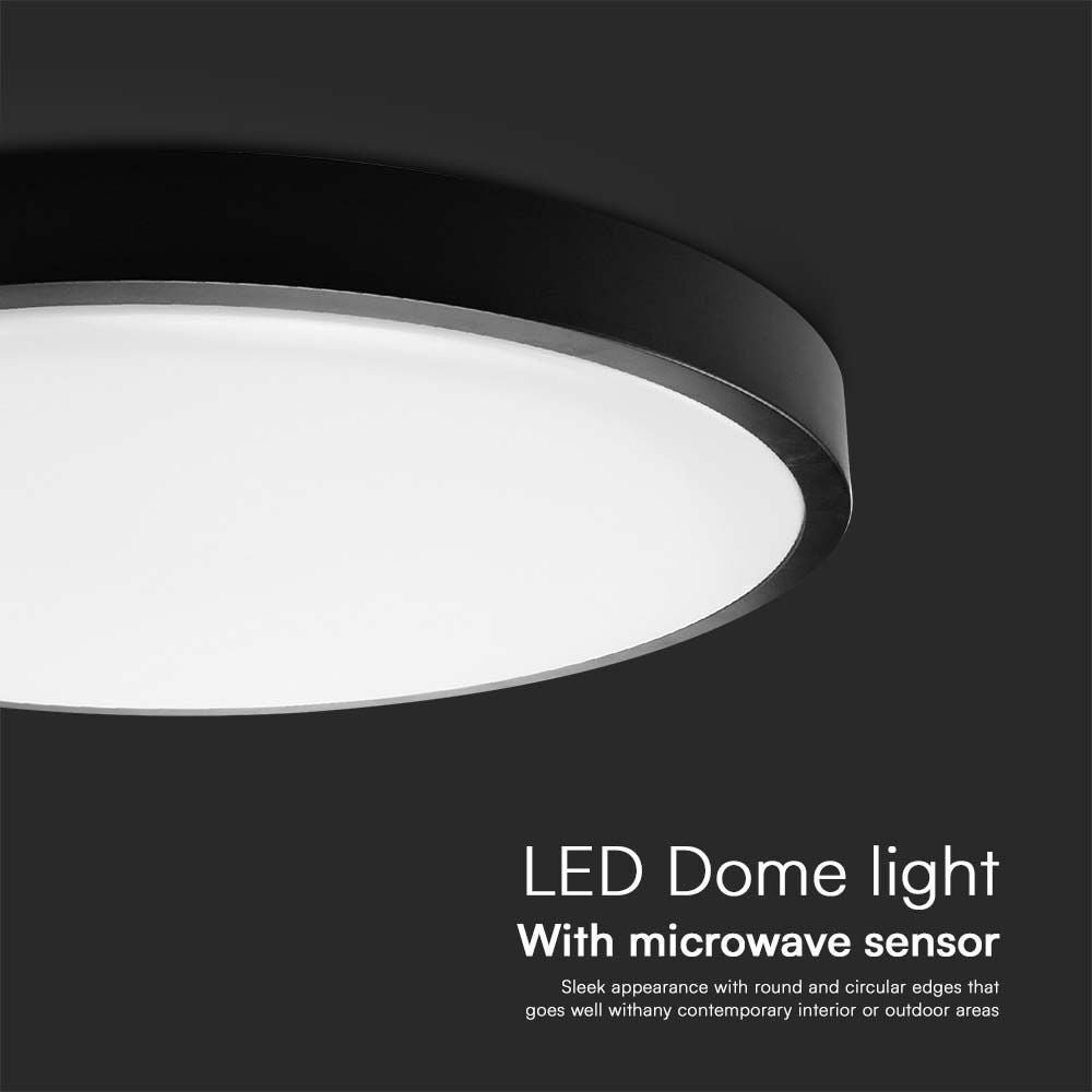 18W LED Loftbelysning med Mikrobølgesensor, 4000K, Sort Ramme, IP44 - Rund