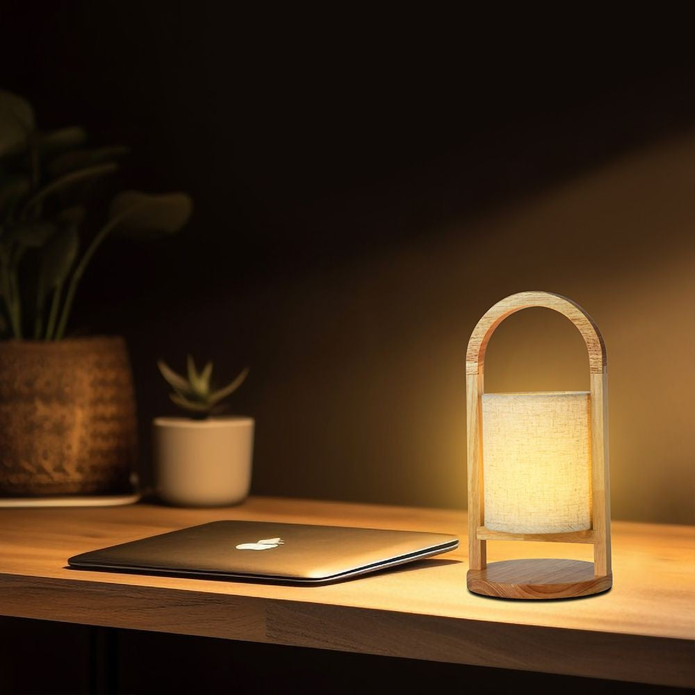 Genopladelig LED bordlampe med touch-dæmpning, 3000K, beige, træhåndtag