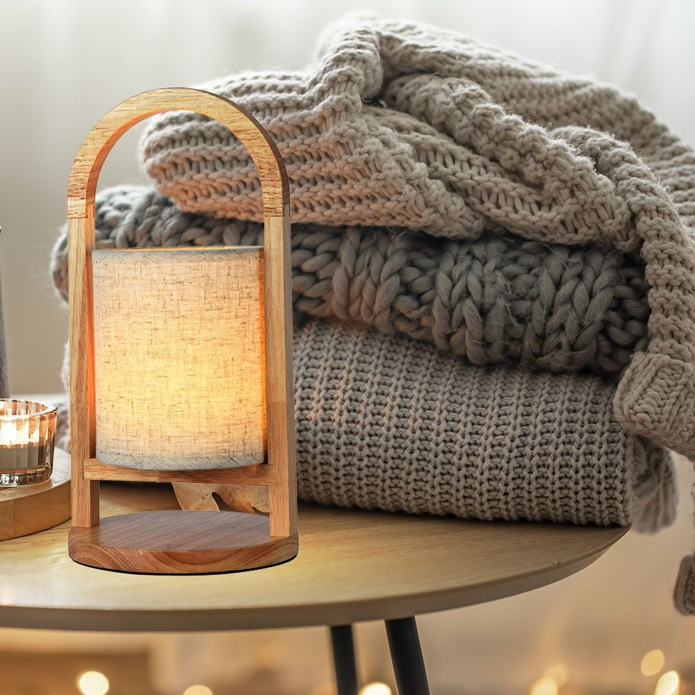Genopladelig LED bordlampe med touch-dæmpning, 3000K, beige, træhåndtag