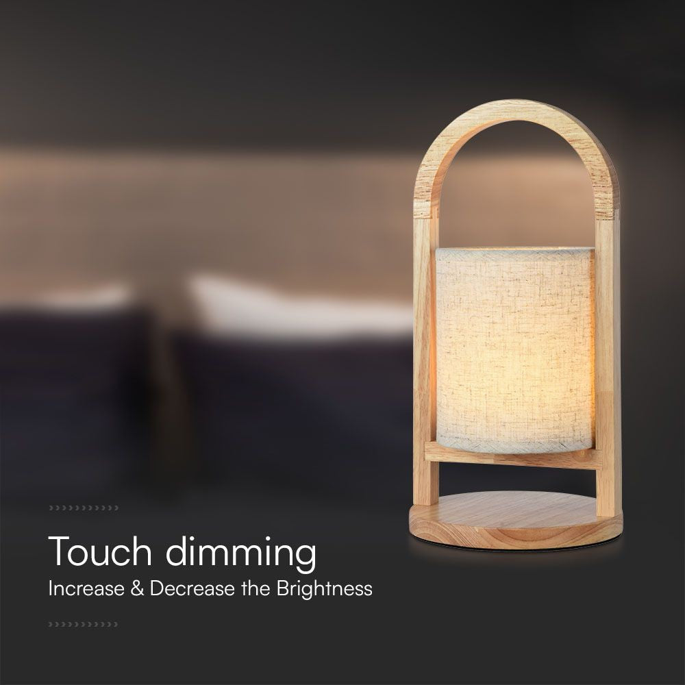 Genopladelig LED bordlampe med touch-dæmpning, 3000K, beige, træhåndtag