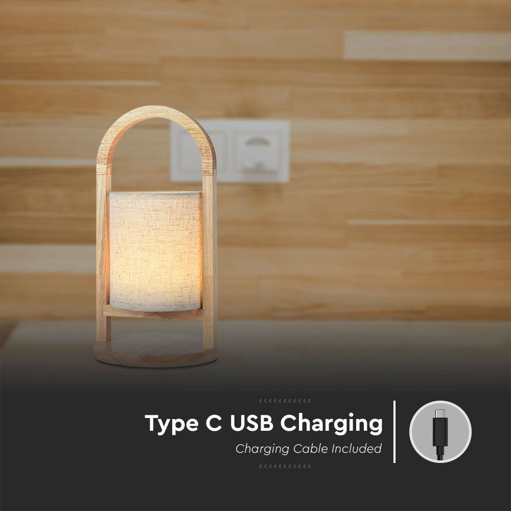 Genopladelig LED bordlampe med touch-dæmpning, 3000K, beige, træhåndtag