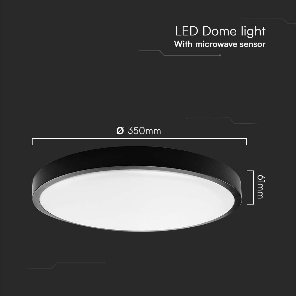 24W LED Kuppel Lys med Mikrobølgesensor, 4000K, Rundt, Sort Ramme, IP44 - Ideel til belysning af både indendørs og udendørs områder.