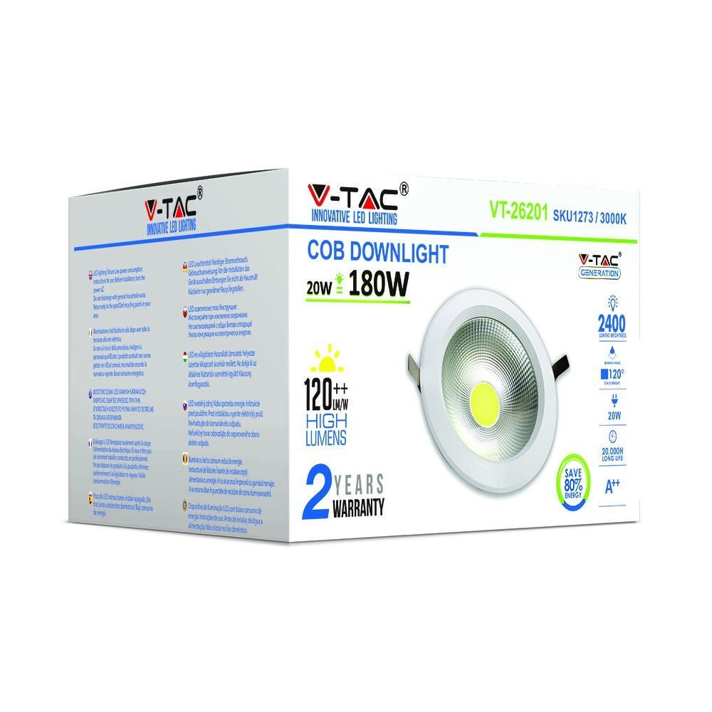 V-Tac 20W LED indbygningsspot - Erstatter 180W, Ø16,7cm hul, Ø18cm mål, 230V
