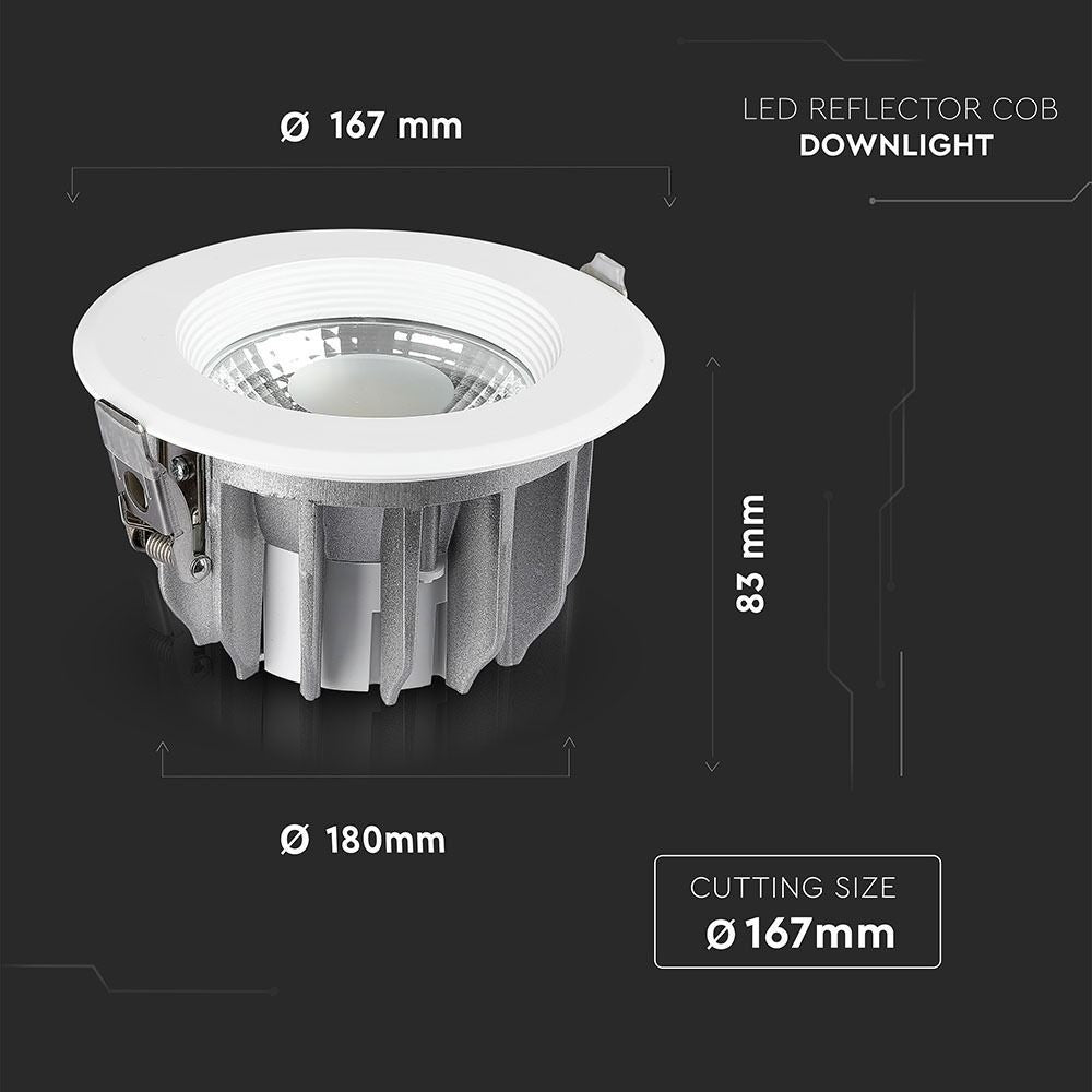 V-Tac 20W LED indbygningsspot - Erstatter 180W, Ø16,7cm hul, Ø18cm mål, 230V