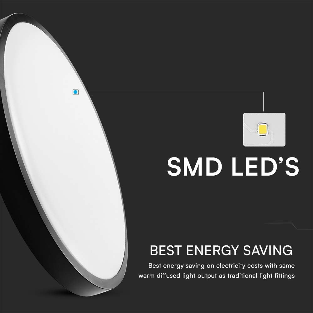 36W LED Dome Lys - Samsung Chip, 3000K, Rund, Sort Ramme, IP44, 5 Års Garanti