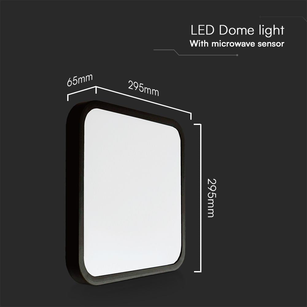 18W LED Dome Lampe med Sensor, Samsung Chip, 4000K, Kvadratisk Design, Sort Ramme, IP44 Godkendt
