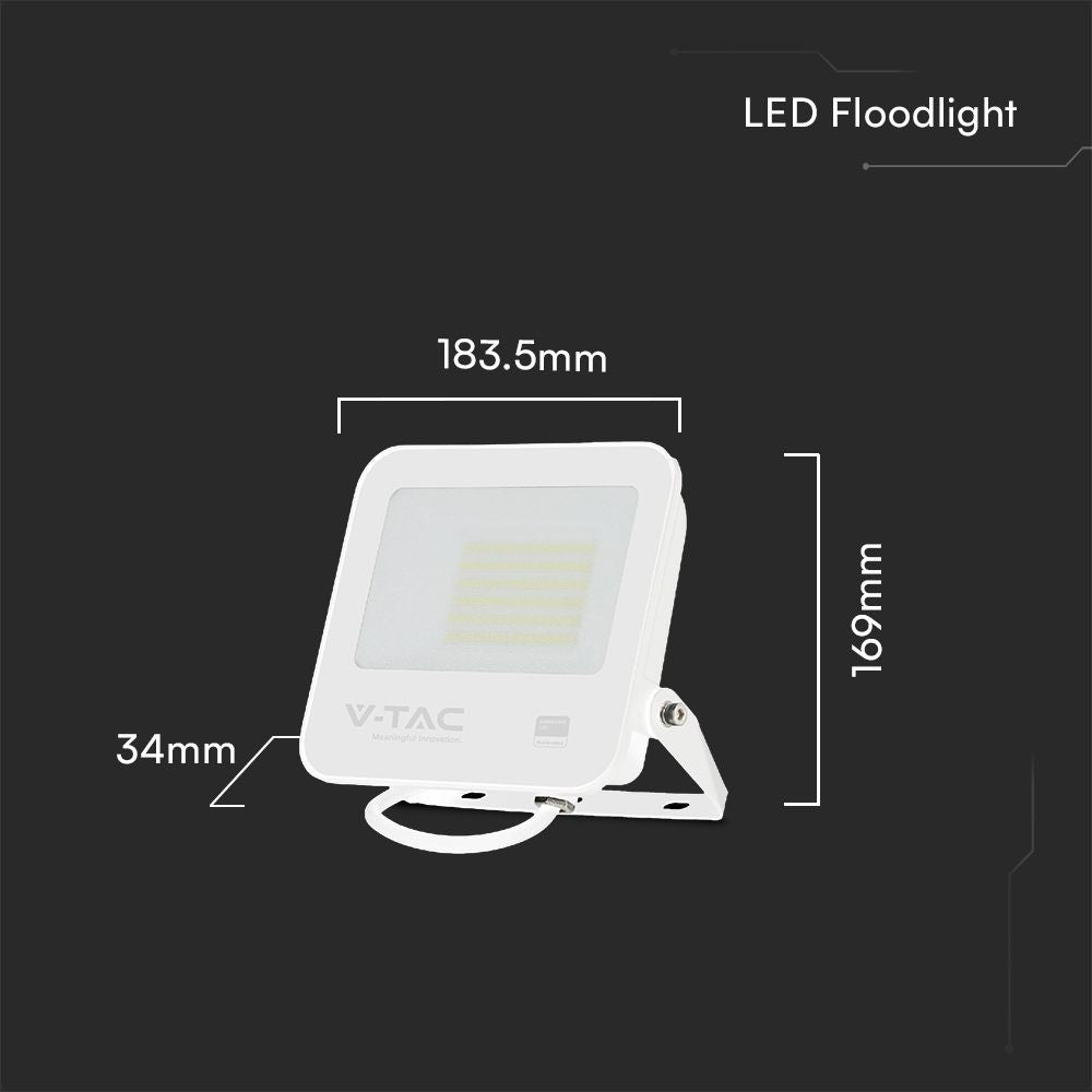 50W LED projektør med Samsung chip, 6500K, hvid hus, grå matteret glas, IP65, 5 års producentgaranti