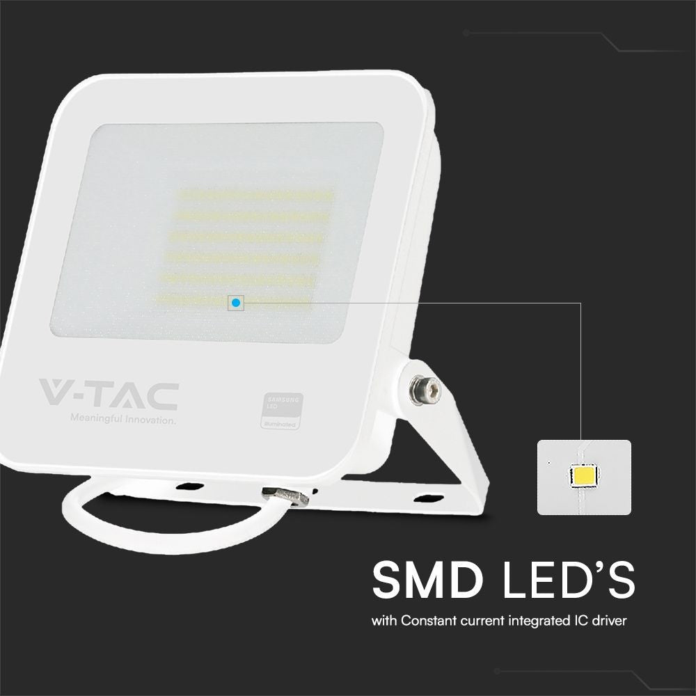 50W LED projektør med Samsung chip, 6500K, hvid hus, grå matteret glas, IP65, 5 års producentgaranti