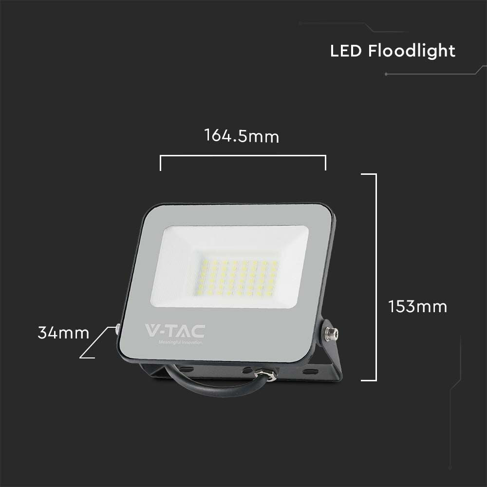 30W LED projektør med sort hus og gråt glas, 4000K, 4800lm, RA70 - V-Tac Pro serie med 5 års garanti