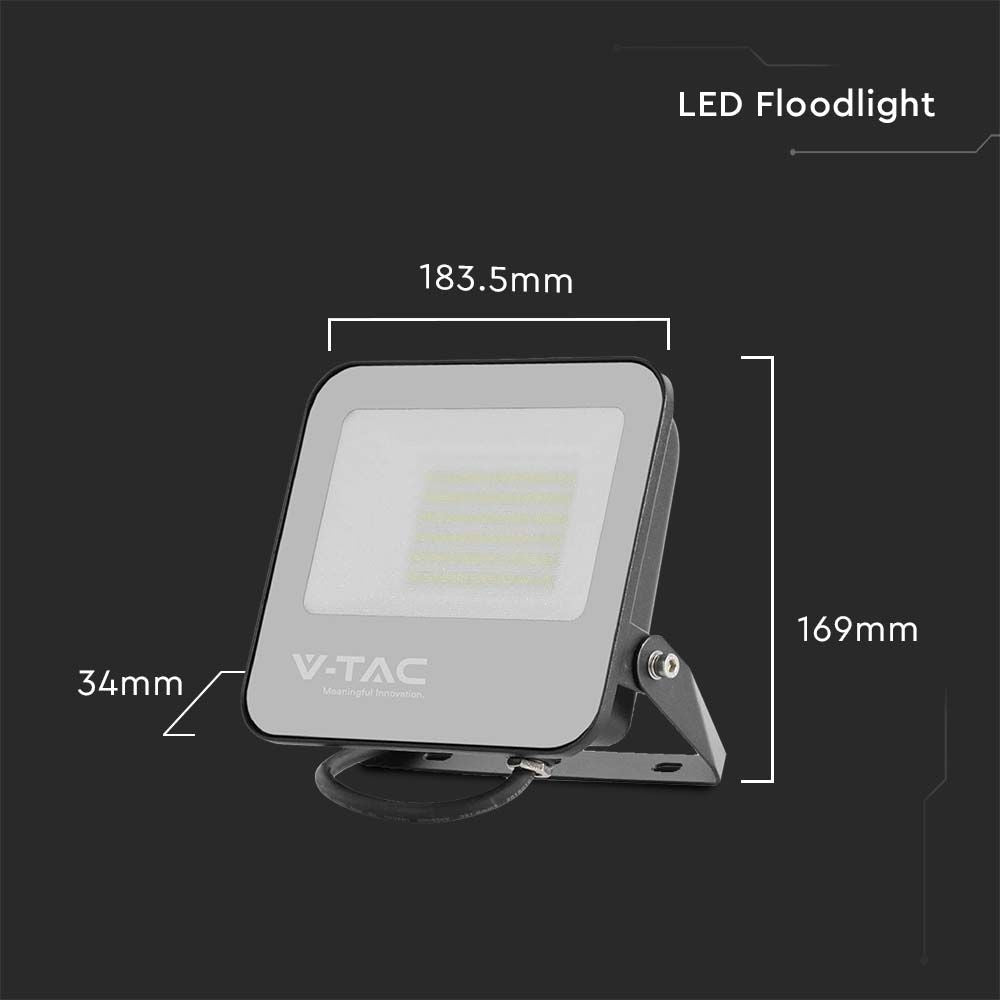 50W LED projektør med sort hus og gråt glas – 4000K, 8000lm, RA70, IP65, V-Tac Pro serie med 5 års garanti