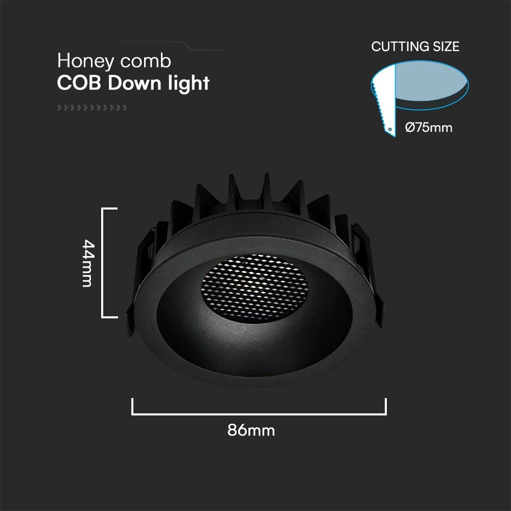 12W LED Honeycomb Downlight med Sort Ring og Sort Kølekrop - Perfekt til høj farvegengivelse (RA90)