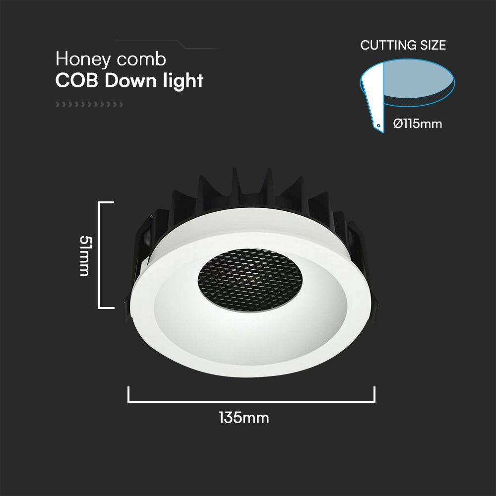 24W LED honey comb downlight med 3i1 funktion, hvid ring og sort køling - 2540lm, RA90.