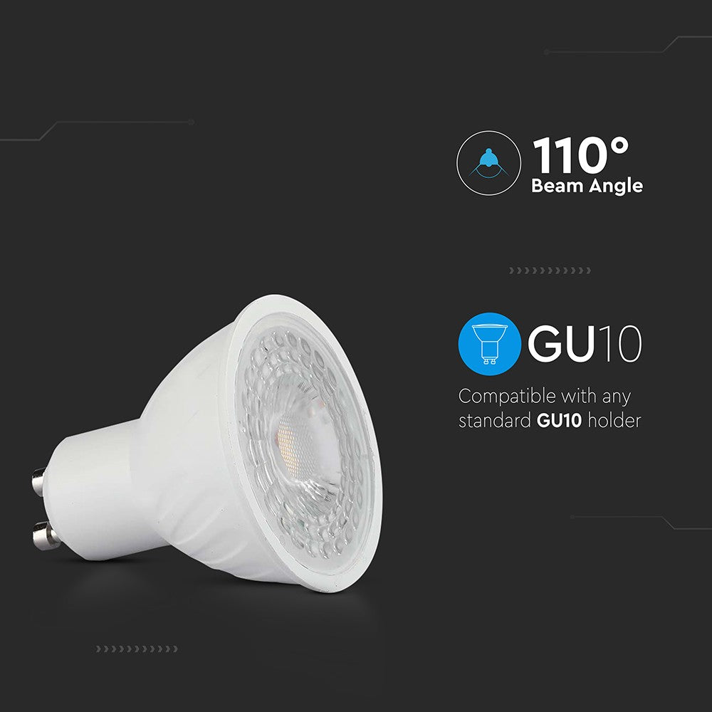 GU10 6W Plast Spotlys, 4000K, 110d, 445lm, RA80 - Energibesparende spot til hjemmet