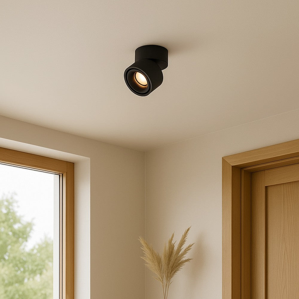 Dæmpbar sort LED loftspot med høj farvegengivelse (RA98) - 10W, justerbar, til påbygning - Effekt: 10W, Input: 230V, 1000lm.
