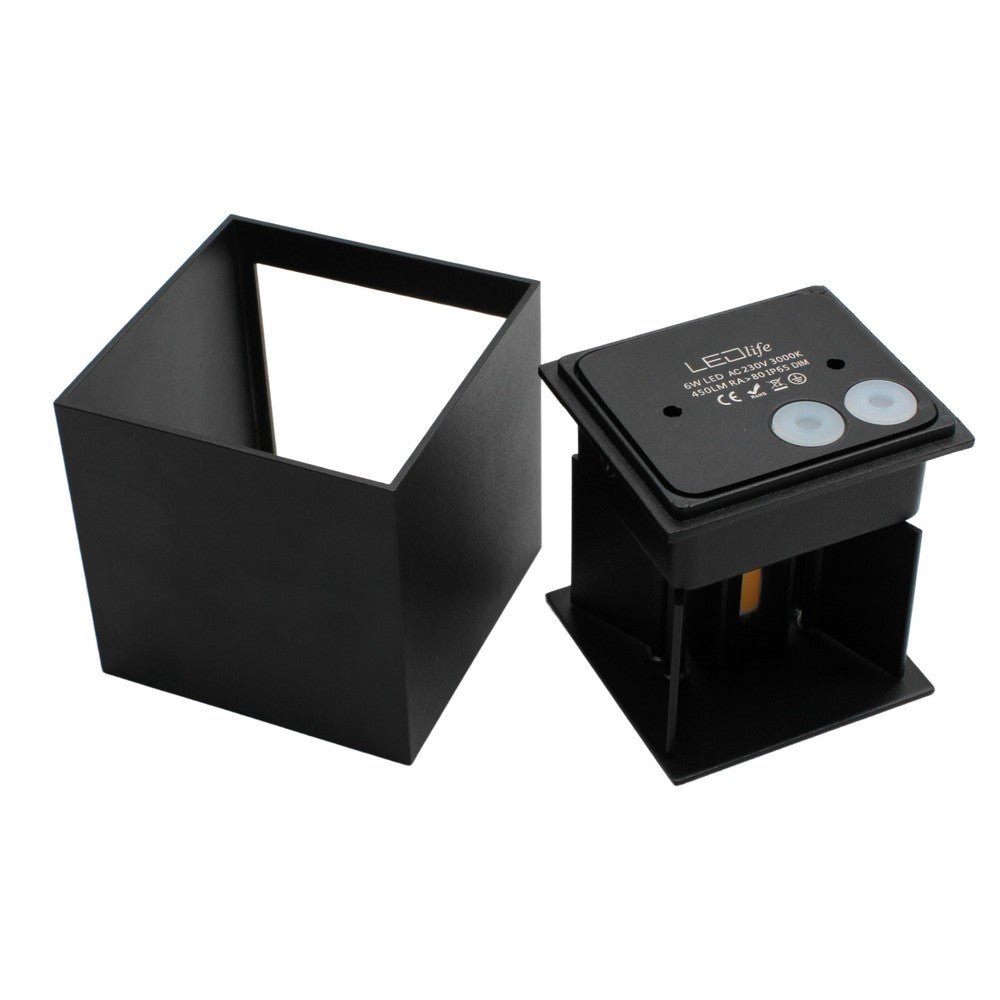 LEDlife CUBIC 6W Dæmpbar Sort Væglampe op/ned Justerbar IP65 inkl. Lyskilde - Inde/Ude Anvendelse