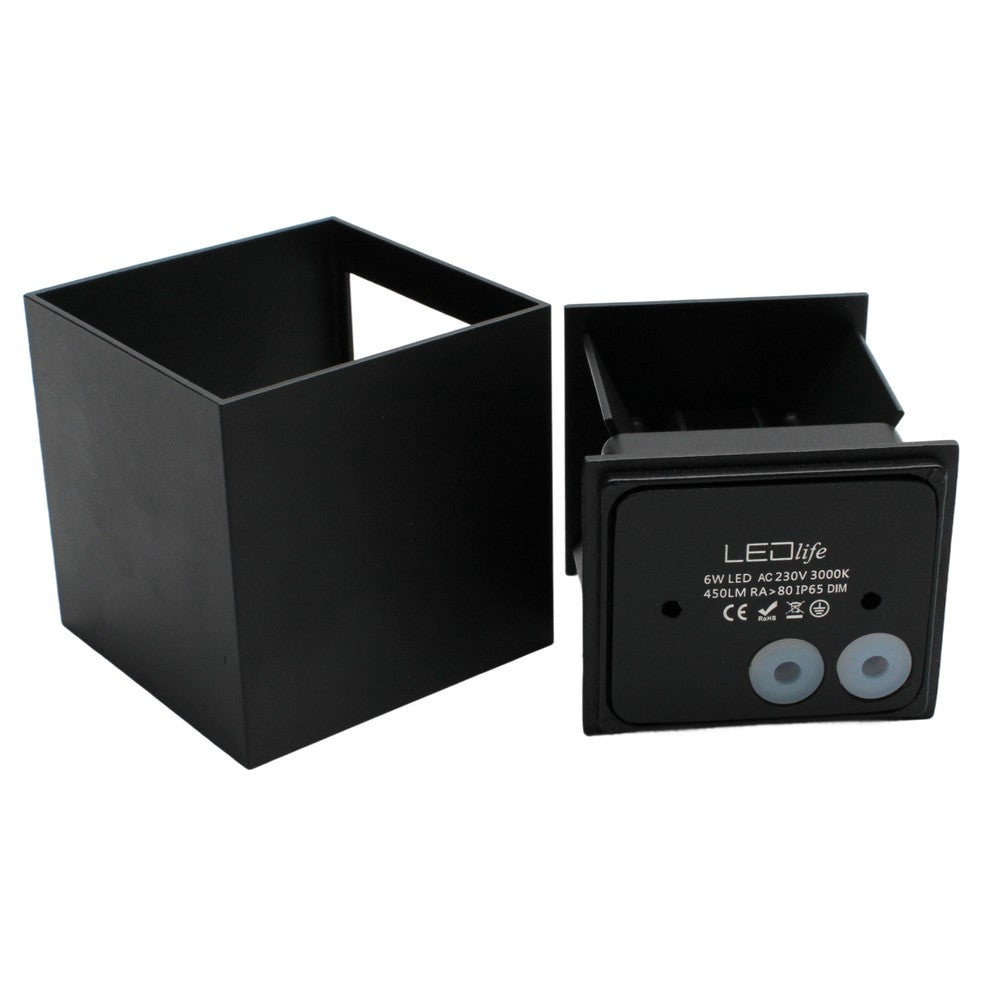 LEDlife CUBIC 6W Dæmpbar Sort Væglampe op/ned Justerbar IP65 inkl. Lyskilde - Inde/Ude Anvendelse