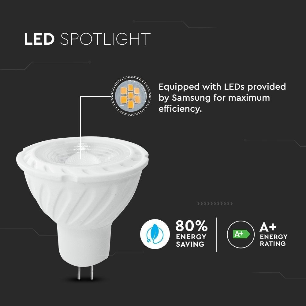 V-Tac 6,5W LED spotpære - Samsung LED chip, 12V, MR16 / GU5.3, erstatning for 55W, 450lm, RA80, 5 års garanti