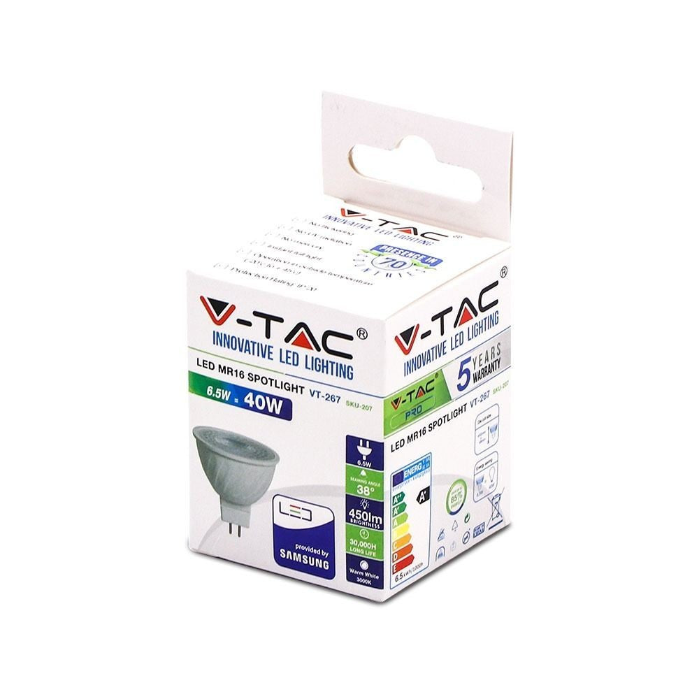 V-Tac 6,5W LED spotpære - Samsung LED chip, 12V, MR16 / GU5.3, erstatning for 55W, 450lm, RA80, 5 års garanti