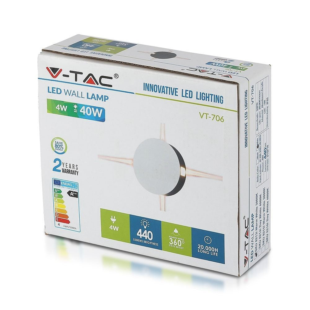 V-Tac 4W LED hvid væglampe - Rund, IP65 udendørs, 230V, inkl. lyskilde