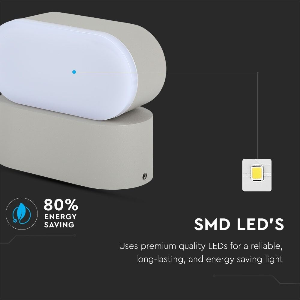 V-Tac 6W LED Grå Udendørs Væglampe - Oval, Roterbar 350 Grader, IP65, 230V, Inkl. Lyskilde