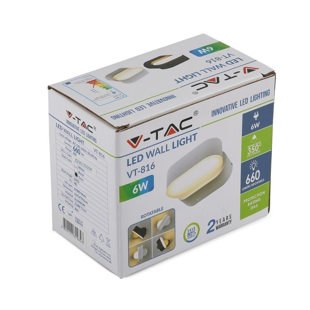 V-Tac 6W LED Grå Udendørs Væglampe - Oval, Roterbar 350 Grader, IP65, 230V, Inkl. Lyskilde