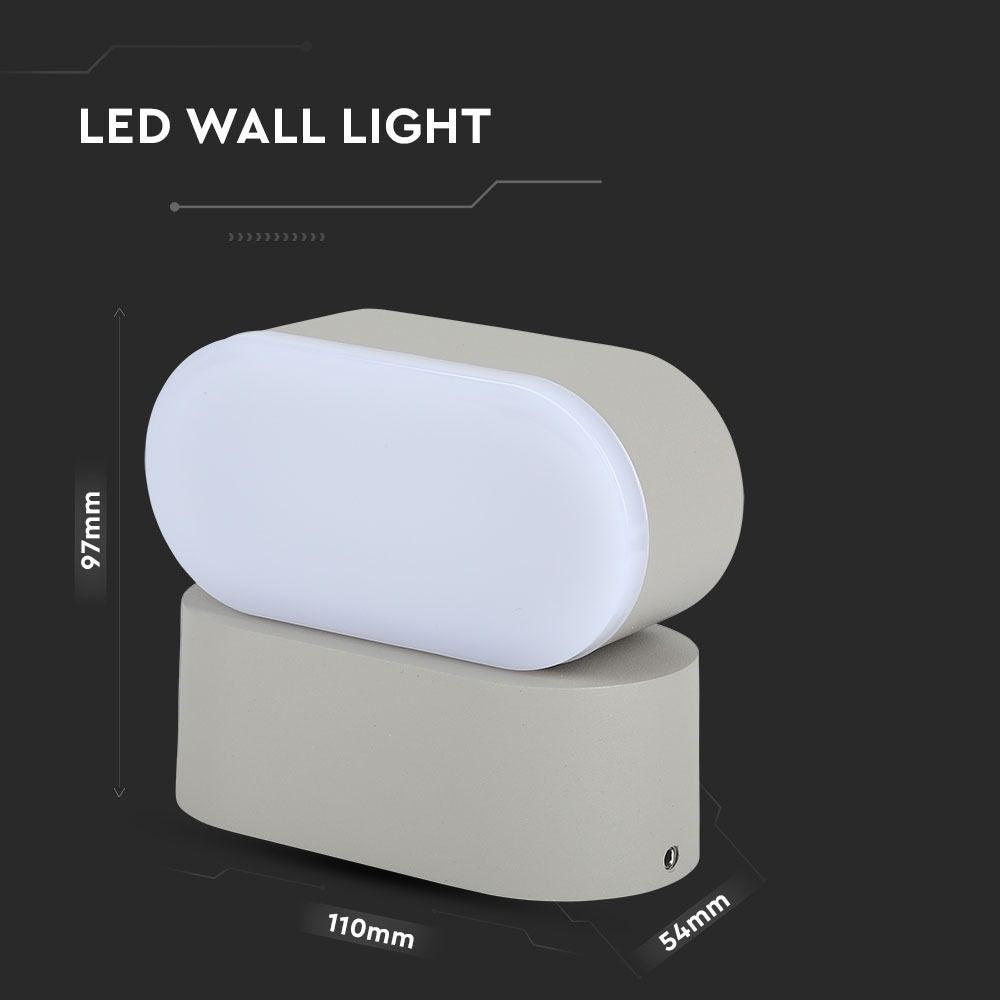 V-Tac 6W LED Grå Udendørs Væglampe - Oval, Roterbar 350 Grader, IP65, 230V, Inkl. Lyskilde