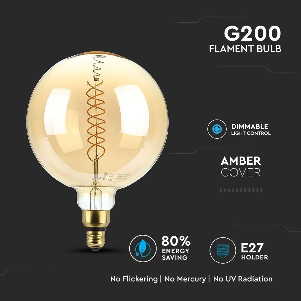 V-Tac 8W LED kæmpe globepære - Kultråd, Ø20 cm, dæmpbar, ekstra varm hvid, 2000K, E27 - Erstatter 40W