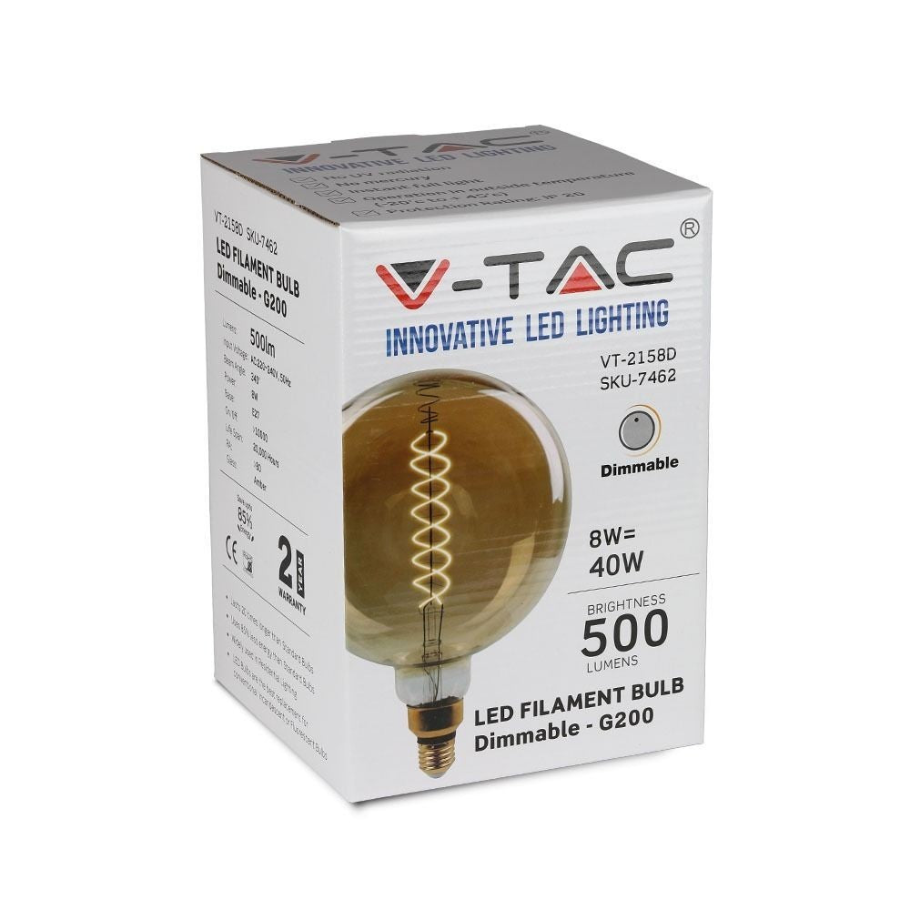V-Tac 8W LED kæmpe globepære - Kultråd, Ø20 cm, dæmpbar, ekstra varm hvid, 2000K, E27 - Erstatter 40W