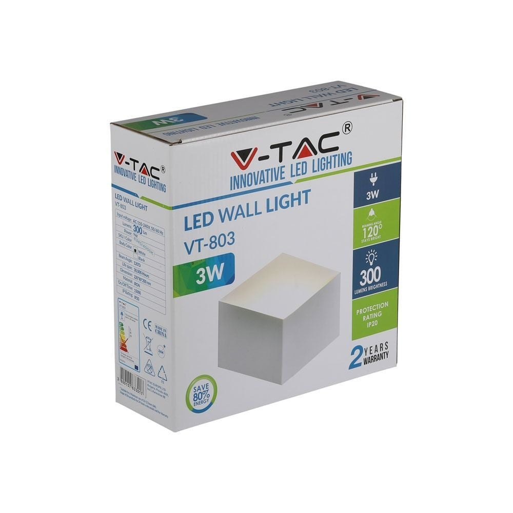 V-Tac 3W LED væglampe - Hvid, IP20 indendørs, 230V, inkl. lyskilde (Effekt: 3W, Input: 230V, 300lm, RA 80)