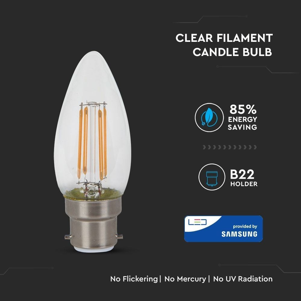 V-Tac 4W LED kertepære - Samsung LED chip, kultråd, B22, 40W erstatning, 230V, 400lm, RA80, 3 års producentgaranti