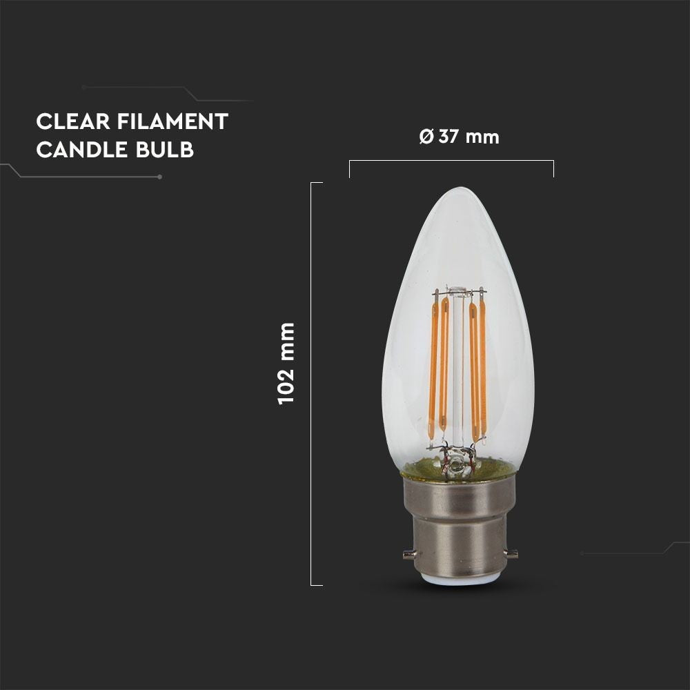 V-Tac 4W LED kertepære - Samsung LED chip, kultråd, B22, 40W erstatning, 230V, 400lm, RA80, 3 års producentgaranti