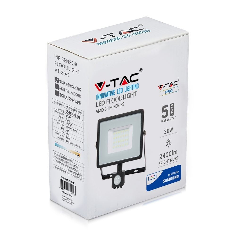 V-Tac 30W LED projektør med sensor - Samsung LED chip - Effektiv belysning med sensor og Samsung LED chip - 5 års producentgaranti - Vandtæt IP65